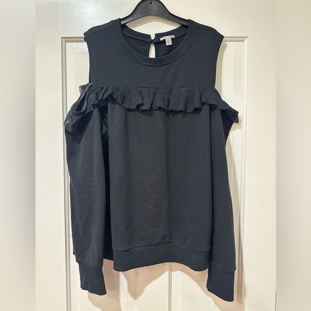 Halogen Black Ruffle Cold Shoulder Sweatshirt Top… - image 1